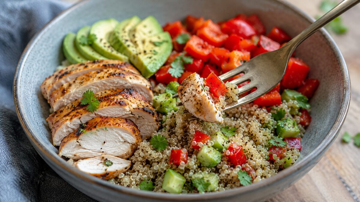 Lebendige Servierszene für „Hähnchen-Quinoa-Bowl mit Paprika und Avocado“: eine Gabel oder ein Besteckteil nimmt gerade eine Portion auf; Hähnchenbrustfilet, Quinoa und Paprika und Avocado bleiben trotzdem klar erkennbar.