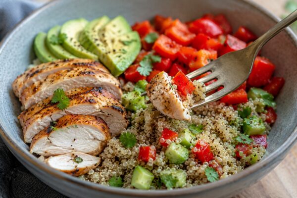 Lebendige Servierszene für „Hähnchen-Quinoa-Bowl mit Paprika und Avocado“: eine Gabel oder ein Besteckteil nimmt gerade eine Portion auf; Hähnchenbrustfilet, Quinoa und Paprika und Avocado bleiben trotzdem klar erkennbar.