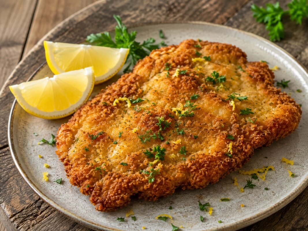 Knusprig paniertes Hähnchen-Schnitzel mit Zitronenspalten.