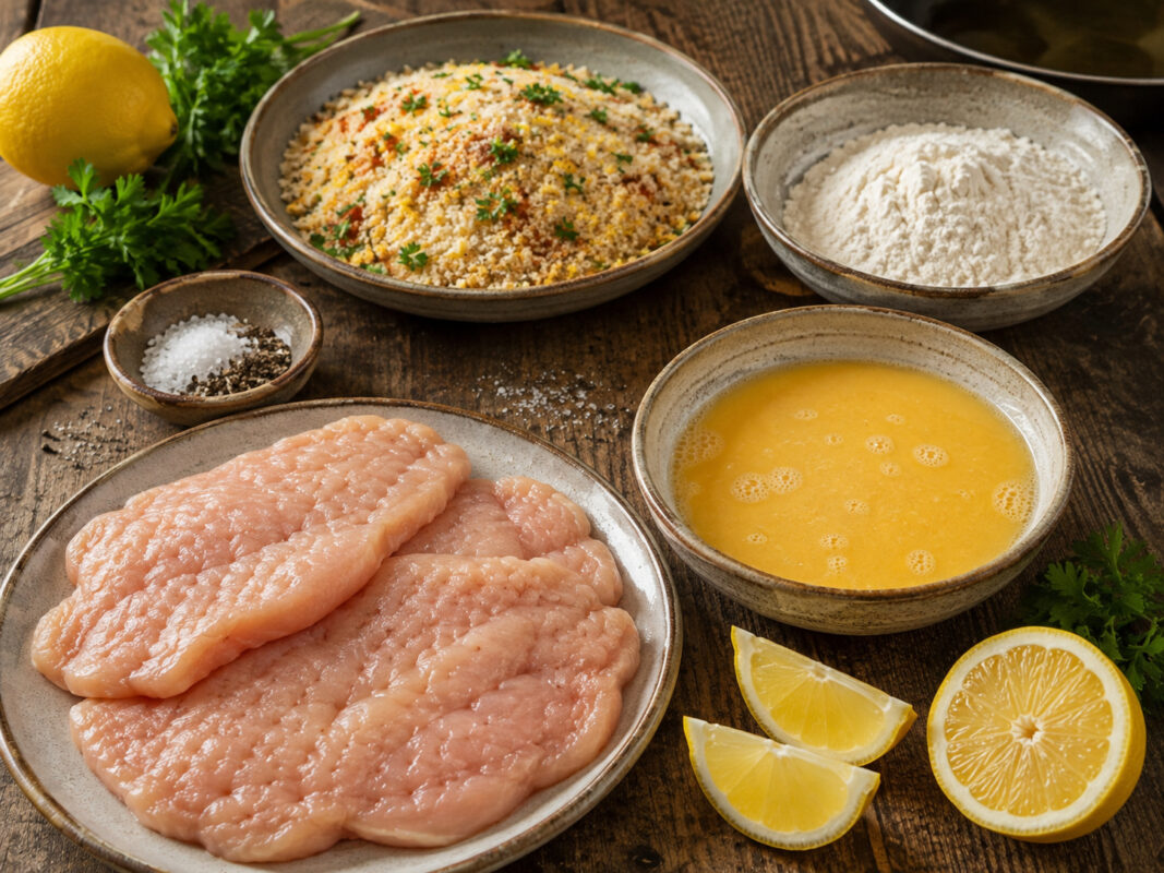 Zutaten- und Vorbereitungsansicht fuer Haehnchen-Schnitzel mit Zitronenpanade.