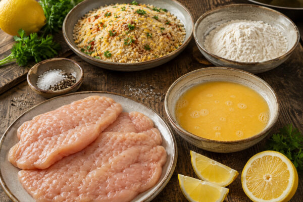 Zutaten- und Vorbereitungsansicht fuer Haehnchen-Schnitzel mit Zitronenpanade.