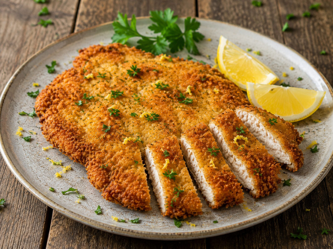 Haehnchen-Schnitzel mit Zitronenpanade in alternativer Perspektive.