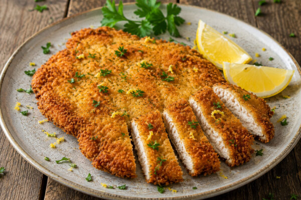 Haehnchen-Schnitzel mit Zitronenpanade in alternativer Perspektive.