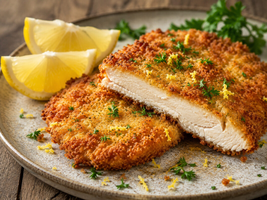 Haehnchen-Schnitzel mit Zitronenpanade als alternative Servier- oder Detailansicht.