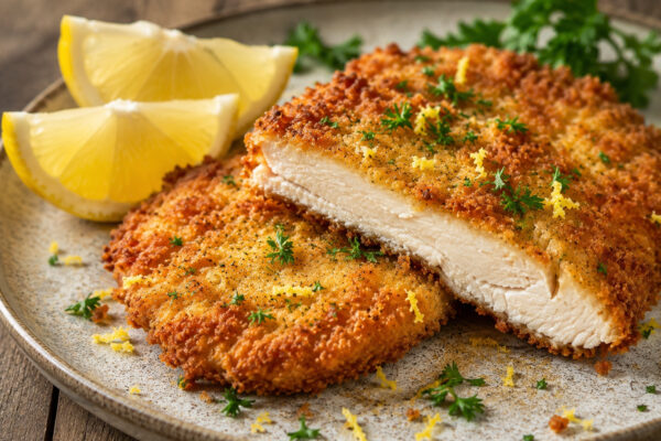 Haehnchen-Schnitzel mit Zitronenpanade als alternative Servier- oder Detailansicht.