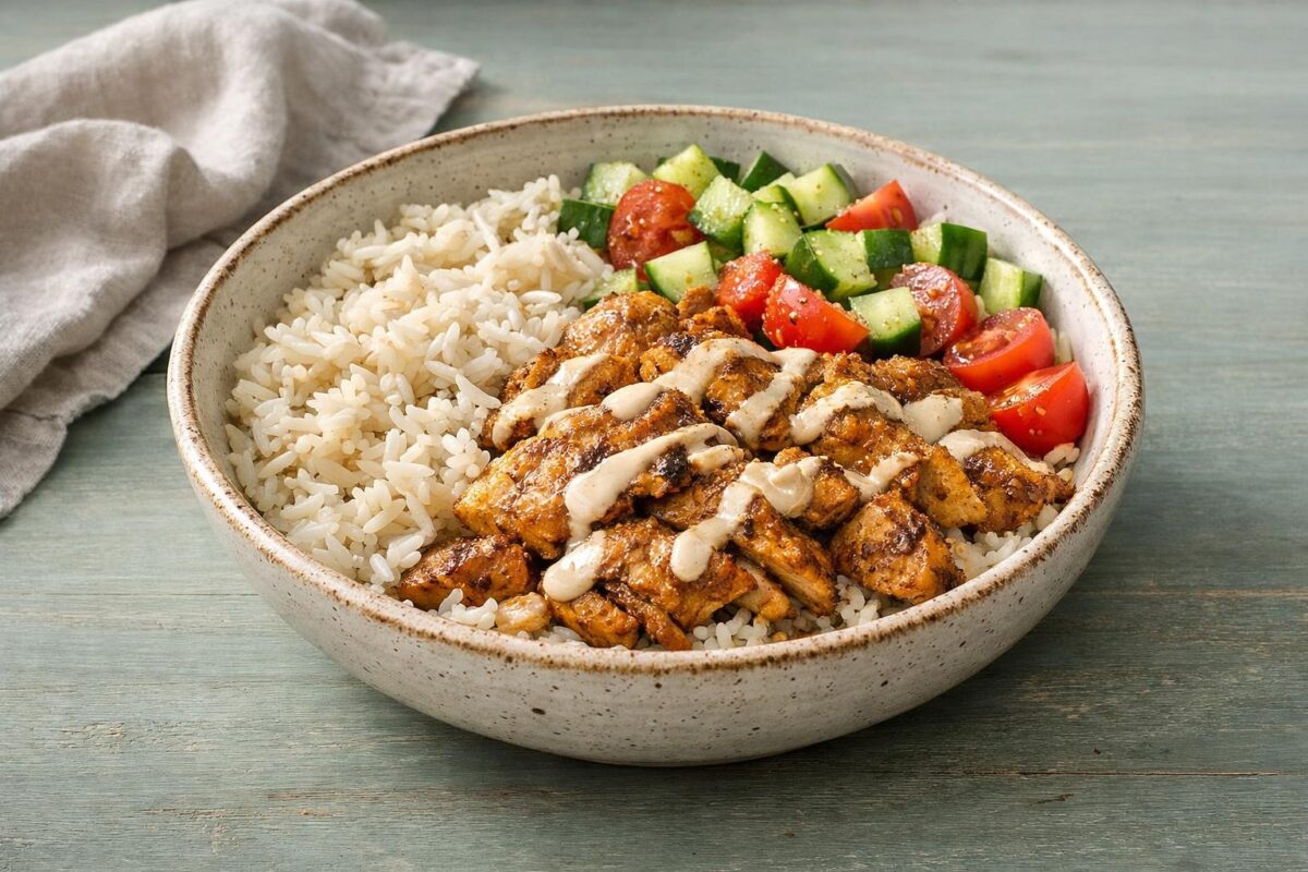 Hauptansicht des fertigen Gerichts. Rezept: Hähnchen-Shawarma-Bowl mit Reis und Salat
