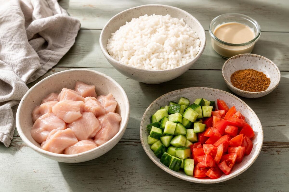 Zutaten- und Vorbereitungsansicht. Rezept: Hähnchen-Shawarma-Bowl mit Reis und Salat