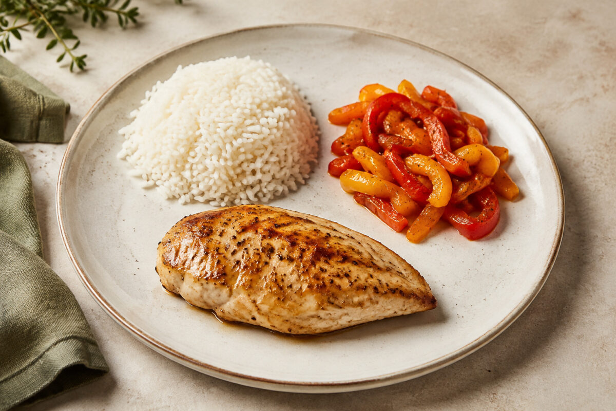 Hauptansicht des fertigen Gerichts: Hähnchenbrustfilet als klarer Hauptbestandteil; Reis und Paprika getrennt und mit sichtbaren Zwischenräumen daneben angerichtet. Kein Eintopf, keine Bowl, keine vermischte One-Pot-Darstellung. Das gesamte Gericht zentr…