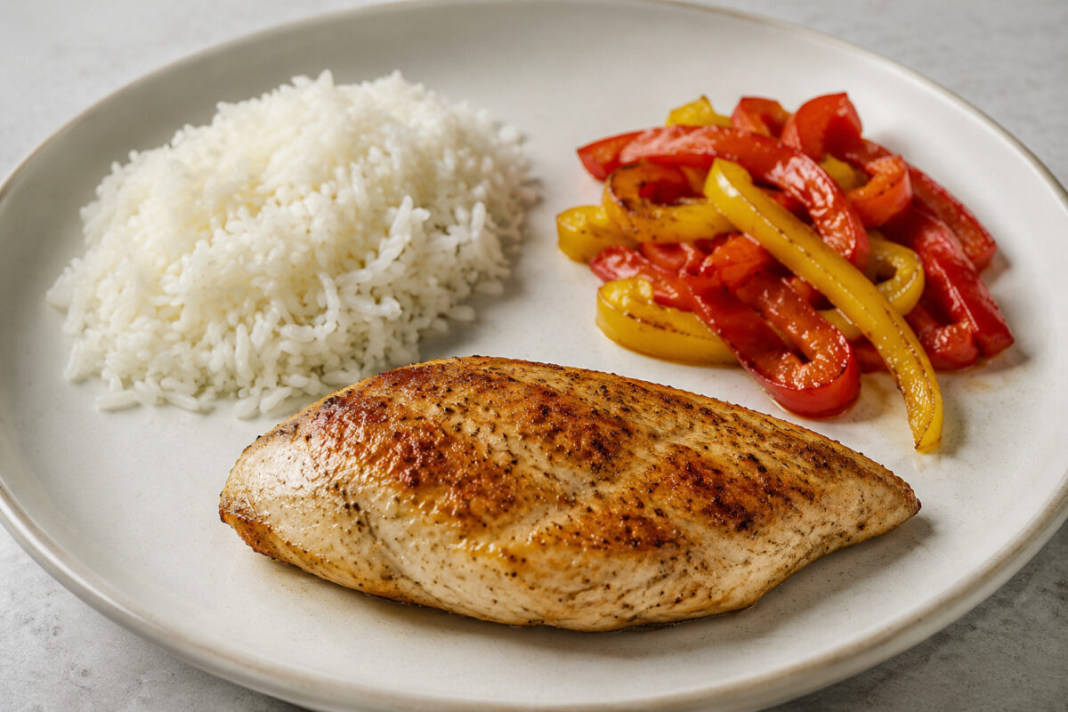 Alternative Perspektive des fertigen Gerichts: Hähnchenbrustfilet als klarer Hauptbestandteil; Reis und Paprika getrennt und mit sichtbaren Zwischenräumen daneben angerichtet. Kein Eintopf, keine Bowl, keine vermischte One-Pot-Darstellung. Etwas näher au…