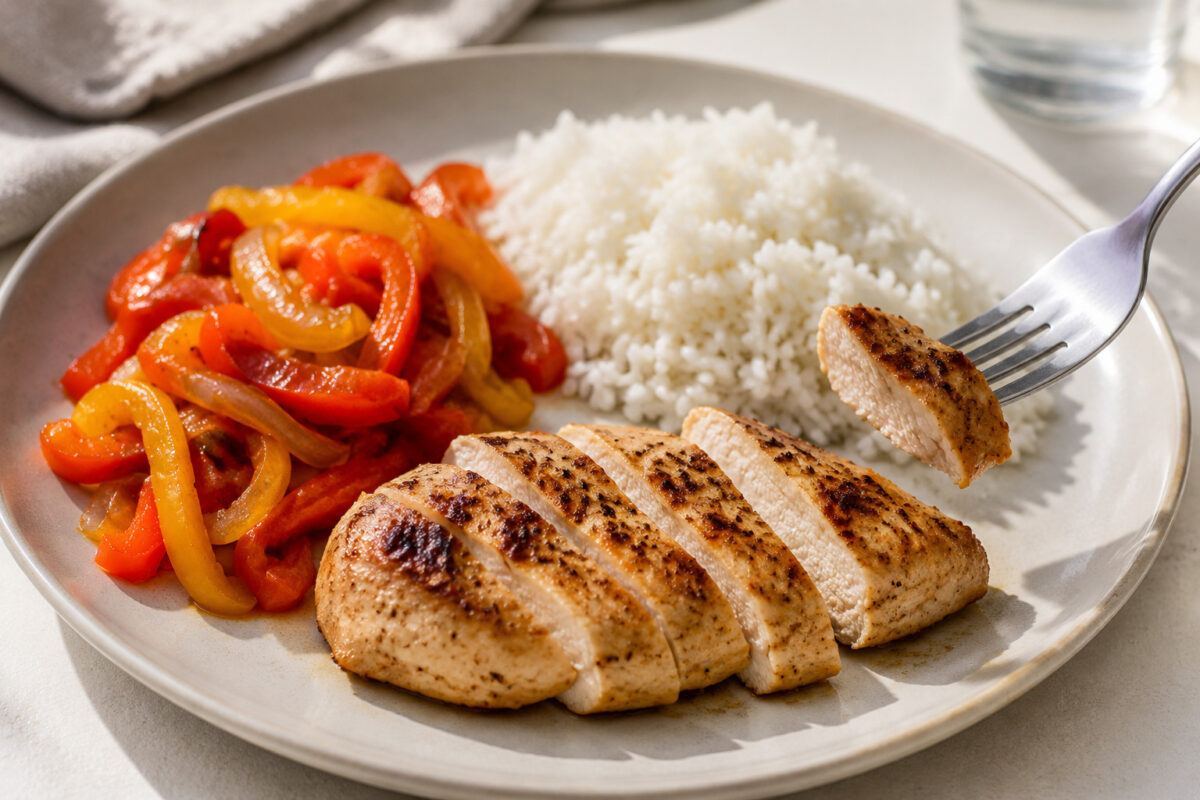 Lebendige Servierszene für „Hähnchenbrust mit Reis und Paprikagemüse“: eine Gabel oder ein Besteckteil nimmt gerade eine Portion auf; Hähnchenbrustfilet, Reis und Paprika bleiben trotzdem klar erkennbar.