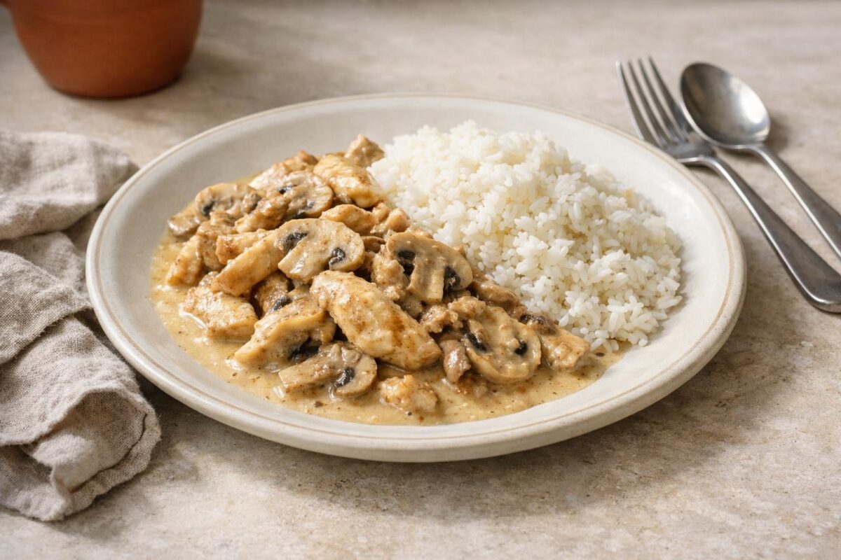 Hauptansicht des fertigen Gerichts. Rezept: Hähnchengeschnetzeltes mit Champignons und Reis