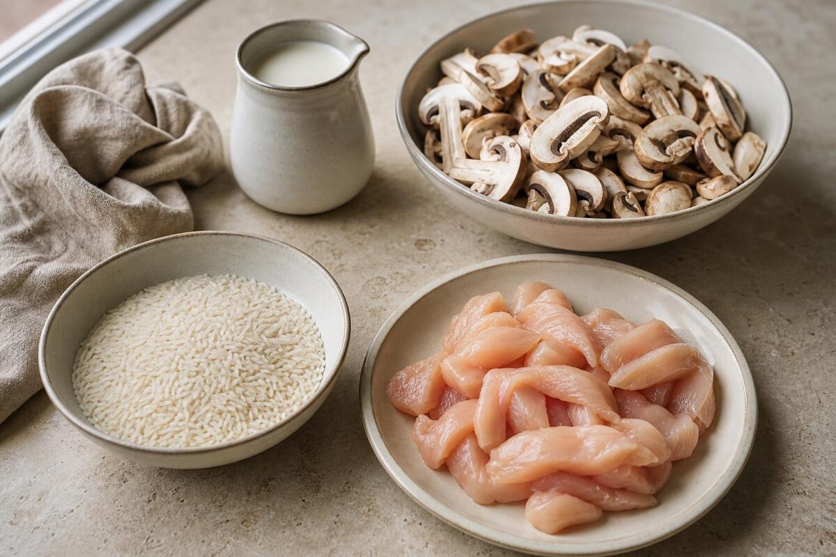 Zutaten- und Vorbereitungsansicht. Rezept: Hähnchengeschnetzeltes mit Champignons und Reis