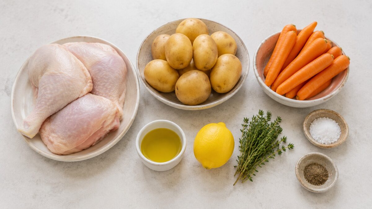 Übersicht aller Zutaten für „Hähnchenkeule mit Kartoffeln und Ofenmöhren“ auf heller Arbeitsfläche, sauber gruppiert, ohne Verpackungsschrift und ohne fertiges Gericht.