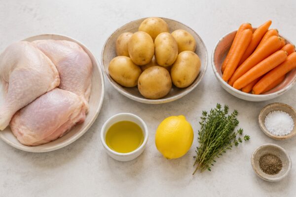 Übersicht aller Zutaten für „Hähnchenkeule mit Kartoffeln und Ofenmöhren“ auf heller Arbeitsfläche, sauber gruppiert, ohne Verpackungsschrift und ohne fertiges Gericht.