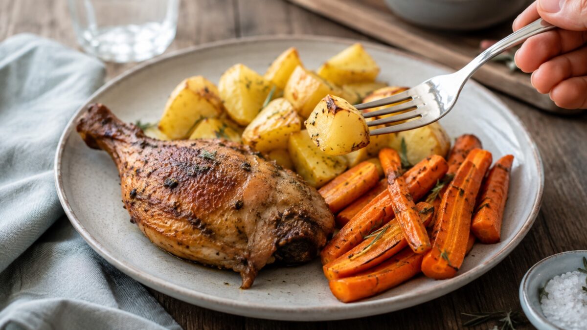 Lebendige Servierszene für „Hähnchenkeule mit Kartoffeln und Ofenmöhren“: eine Gabel oder ein Besteckteil nimmt gerade eine Portion auf; Hähnchenkeule, Kartoffeln und Möhren bleiben trotzdem klar erkennbar.