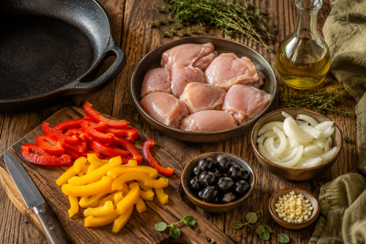 Zutaten- und Vorbereitungsansicht mit Hähnchen, roten und gelben Paprika, schwarzen Oliven, Zwiebel, Knoblauch, Olivenöl und Kräutern.
