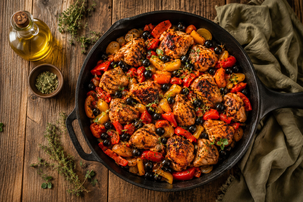 Fertige Hähnchenpfanne mit Paprika und Oliven aus deutlich anderer, stärker von oben gezeigter Perspektive.