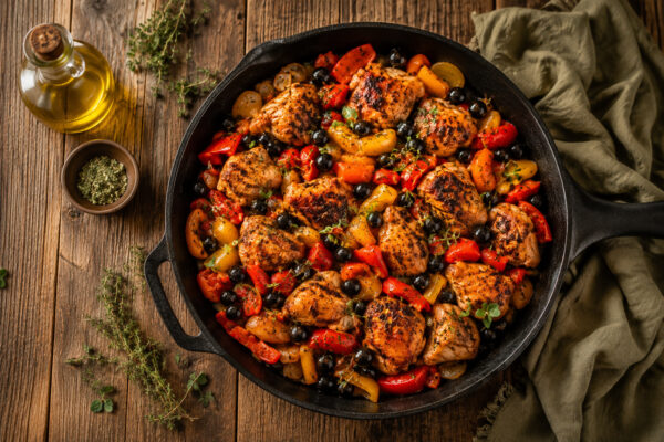 Fertige Hähnchenpfanne mit Paprika und Oliven aus deutlich anderer, stärker von oben gezeigter Perspektive.