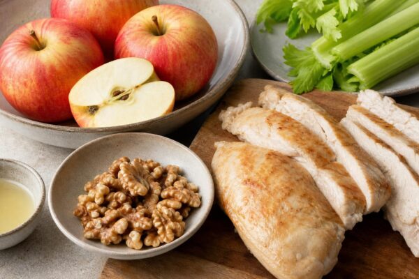 Zutaten- und Vorbereitungsansicht. Rezept: Hähnchensalat mit Apfel, Sellerie und Walnüssen
