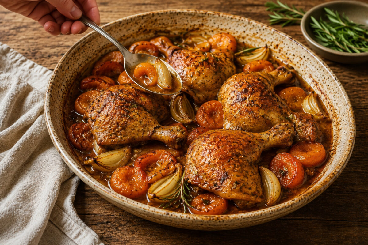 Serviersituation mit einer neutralen Löffelportion aus derselben großen ovalen hellen Auflaufform; der Löffel hebt Bratensaft mit Aprikosenhälfte und Zwiebelspalte über die goldbraunen Hähnchenschenkel, Aprikosen und Rosmarinzweige.