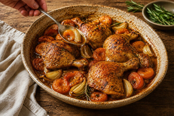 Serviersituation mit einer neutralen Löffelportion aus derselben großen ovalen hellen Auflaufform; der Löffel hebt Bratensaft mit Aprikosenhälfte und Zwiebelspalte über die goldbraunen Hähnchenschenkel, Aprikosen und Rosmarinzweige.