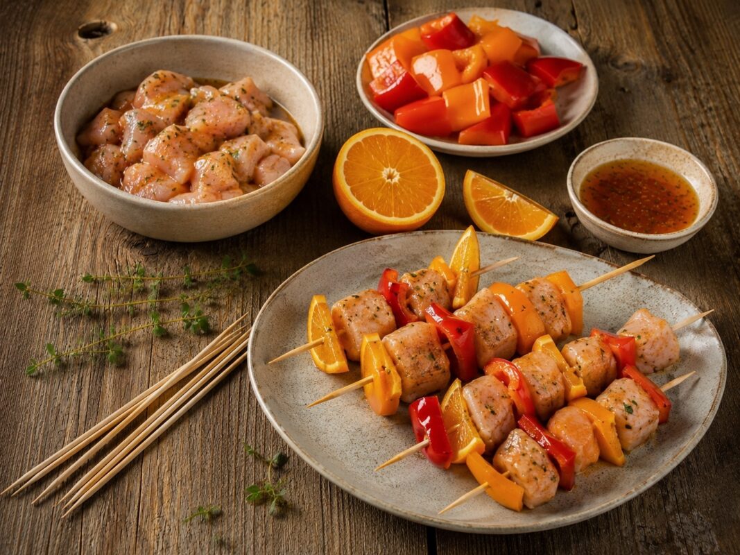 Zutaten- oder Vorbereitungsansicht für Hähnchenspieße mit Orange und Paprika.