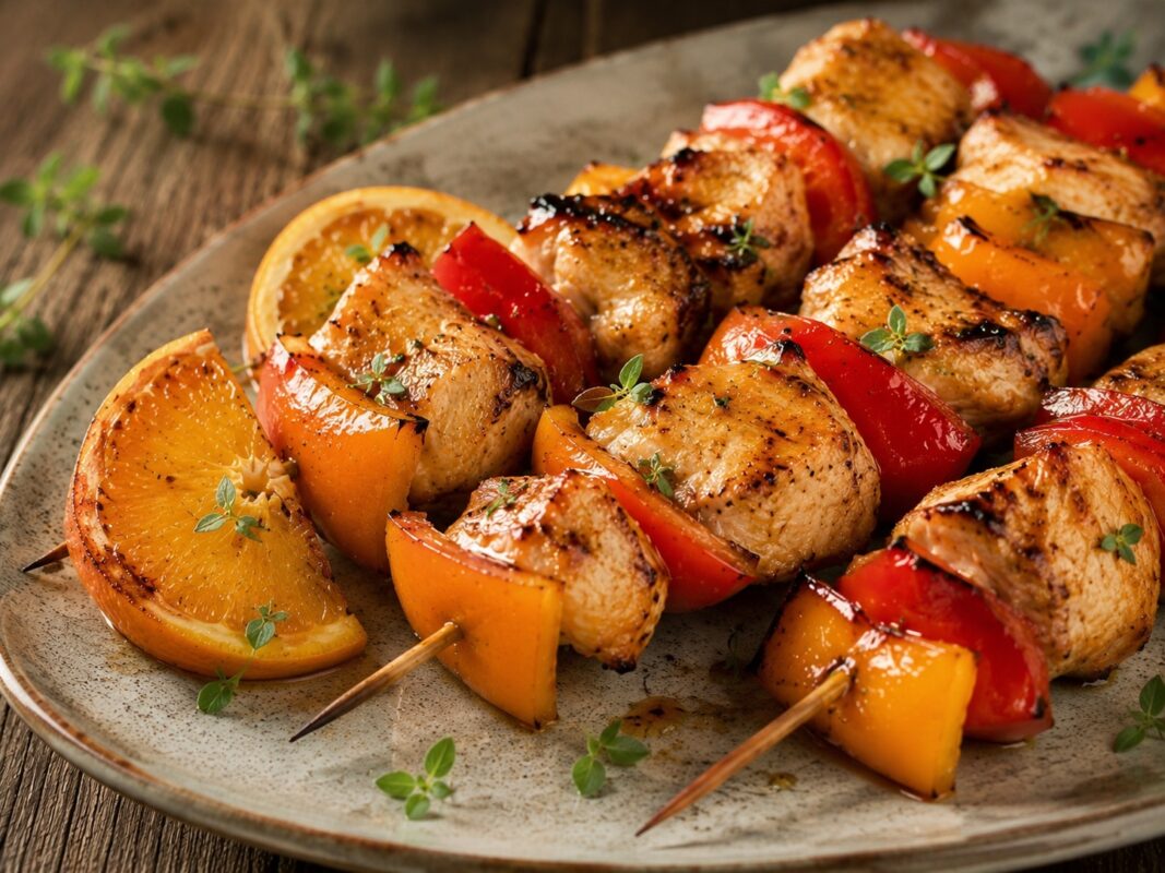 Fertige Hähnchenspieße mit Orange und Paprika als alternative Servier- oder Detailszene.