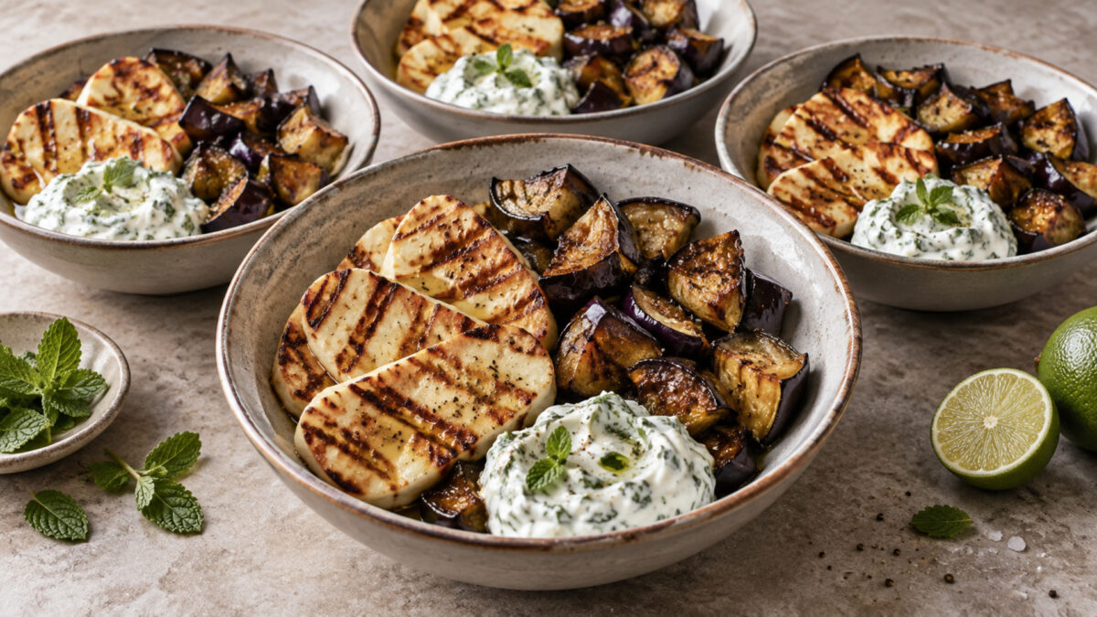 Halloumi-Auberginen-Bowl mit Minzjoghurt