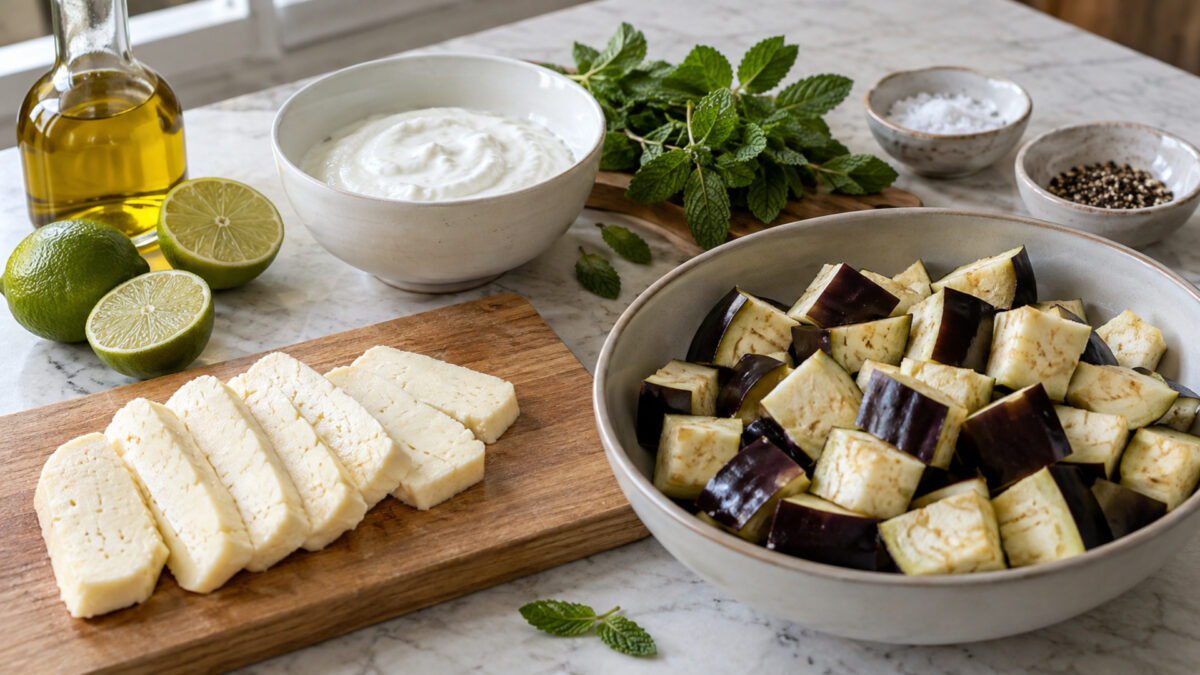 Halloumi-Auberginen-Bowl mit Minzjoghurt