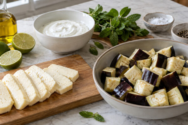 Halloumi-Auberginen-Bowl mit Minzjoghurt