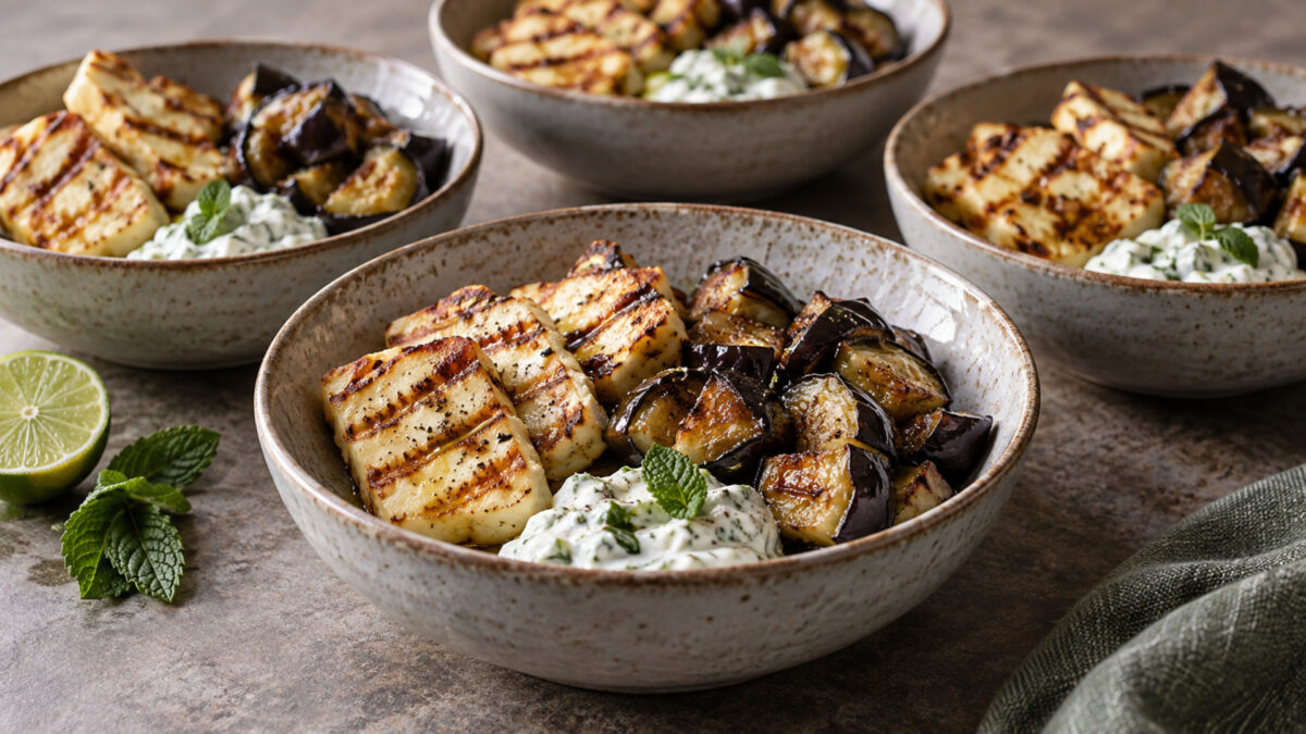 Halloumi-Auberginen-Bowl mit Minzjoghurt