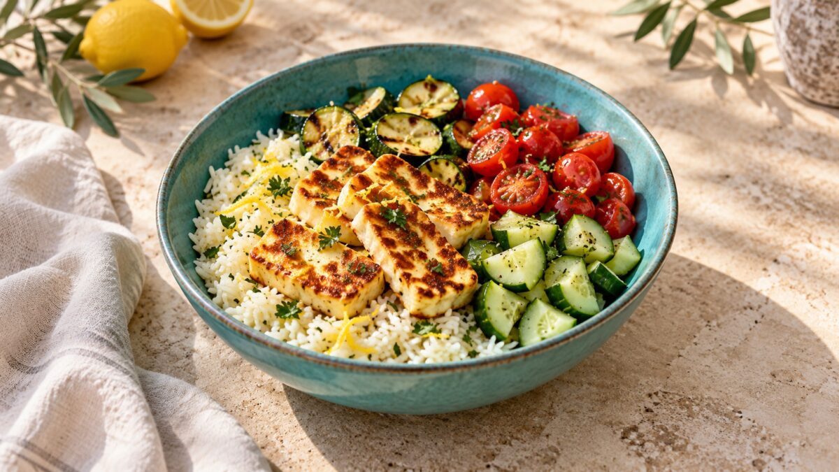 Halloumi-Gemüse-Bowl mit Zitronenreis