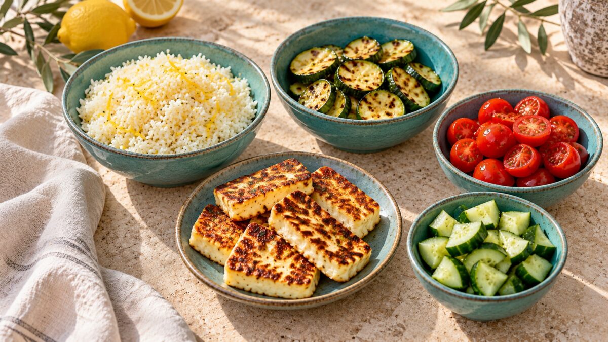 Halloumi-Gemüse-Bowl mit Zitronenreis