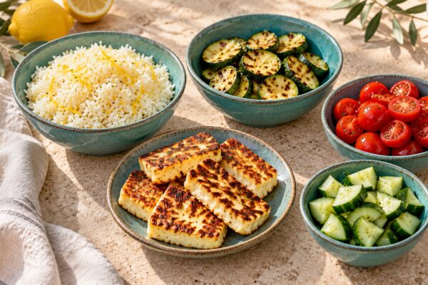 Halloumi-Gemüse-Bowl mit Zitronenreis