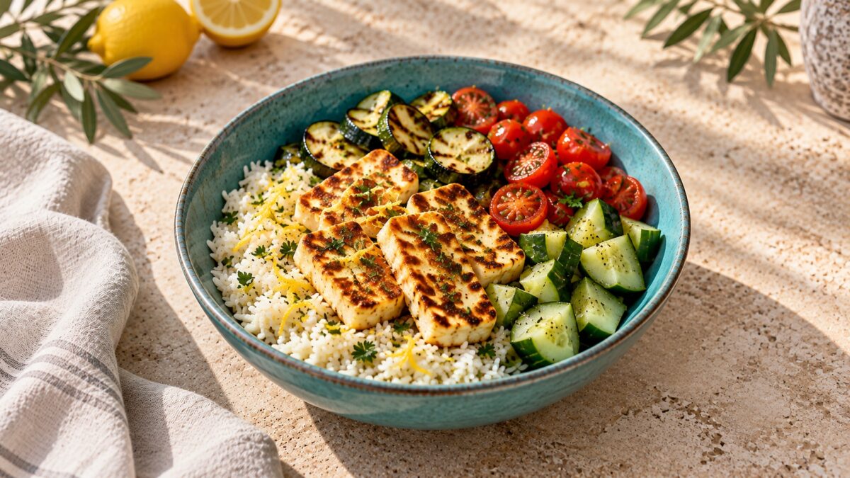 Halloumi-Gemüse-Bowl mit Zitronenreis