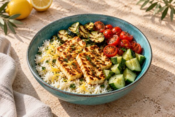 Halloumi-Gemüse-Bowl mit Zitronenreis