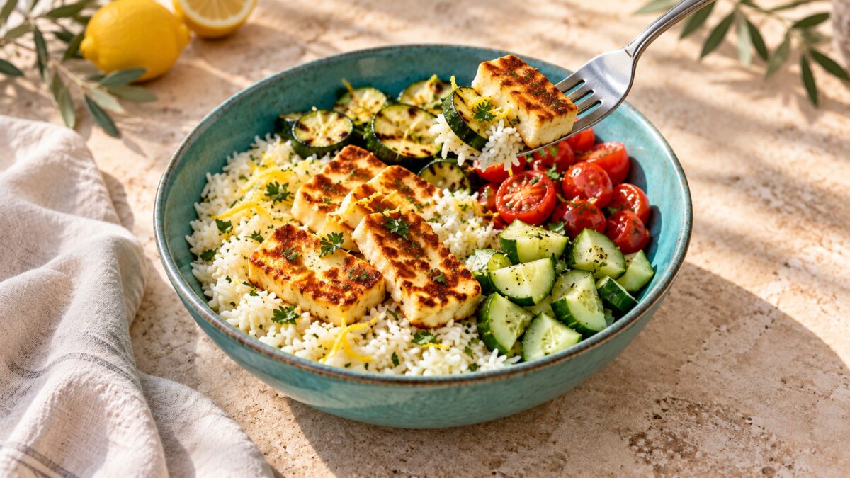Halloumi-Gemüse-Bowl mit Zitronenreis