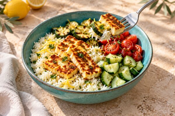 Halloumi-Gemüse-Bowl mit Zitronenreis