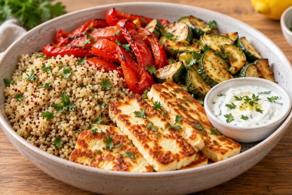 Halloumi-Quinoa-Bowl mit Ofenpaprika und Joghurtdip
