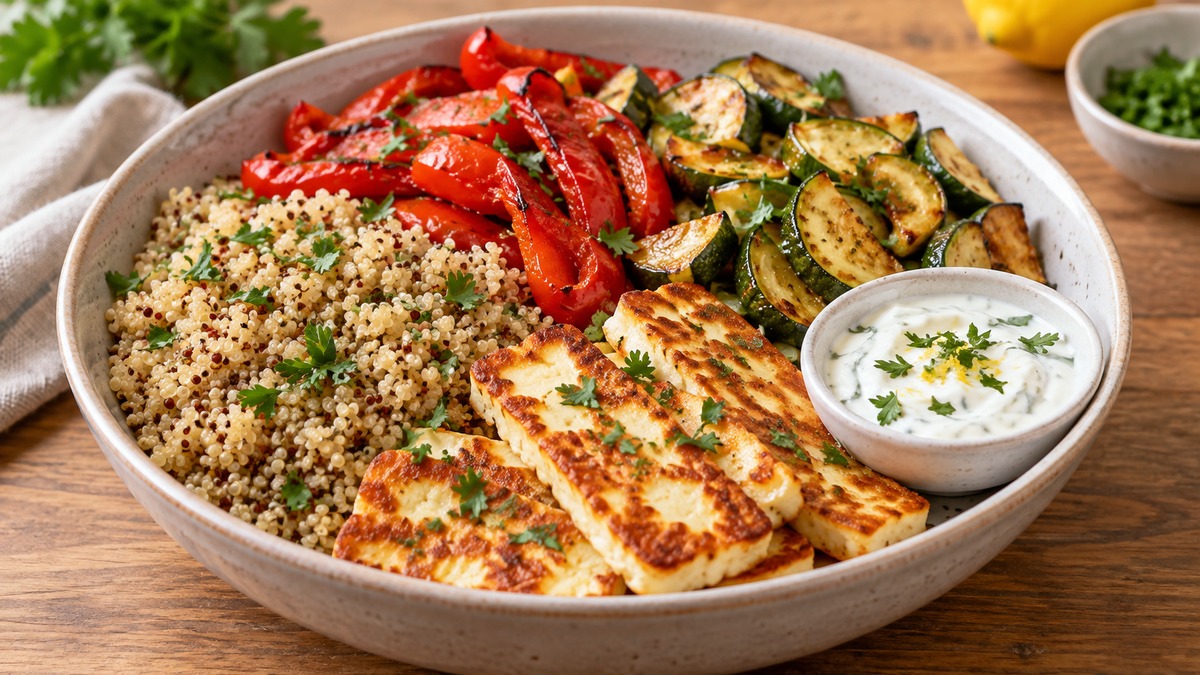 Halloumi-Quinoa-Bowl mit Ofenpaprika und Joghurtdip: Fertiges Gericht als Hauptmotiv.