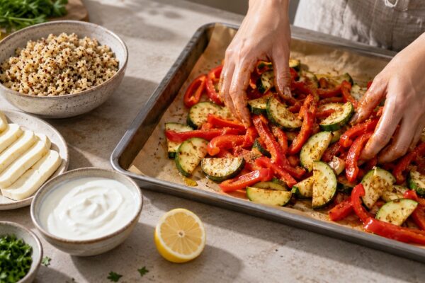 Halloumi-Quinoa-Bowl mit Ofenpaprika und Joghurtdip: Zutaten und realer Vorbereitungsschritt.
