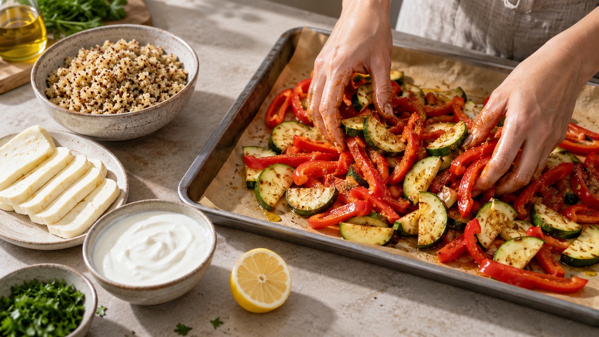 Halloumi-Quinoa-Bowl mit Ofenpaprika und Joghurtdip: Zutaten und realer Vorbereitungsschritt.