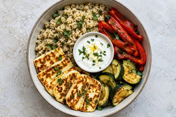 Halloumi-Quinoa-Bowl mit Ofenpaprika und Joghurtdip: Fertiges Gericht aus anderer Perspektive.