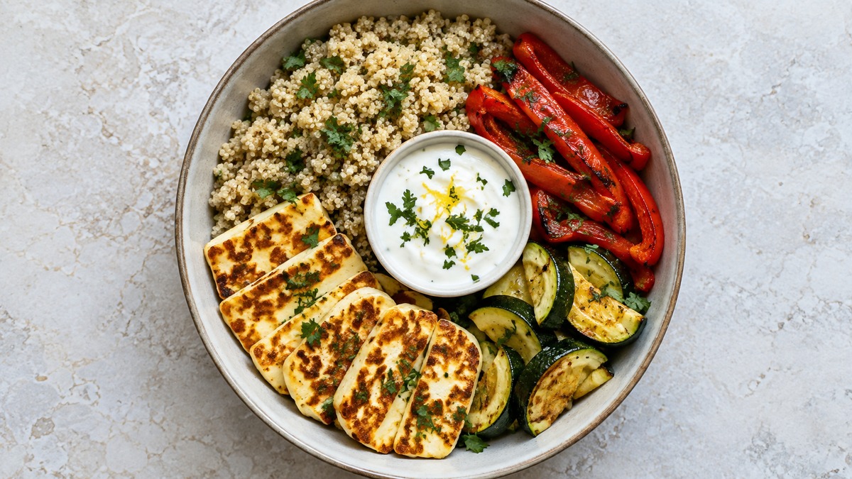 Halloumi-Quinoa-Bowl mit Ofenpaprika und Joghurtdip: Fertiges Gericht aus anderer Perspektive.