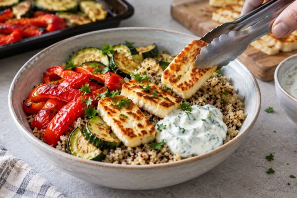 Halloumi-Quinoa-Bowl mit Ofenpaprika und Joghurtdip: Aktive Anrichte- oder Servierszene.