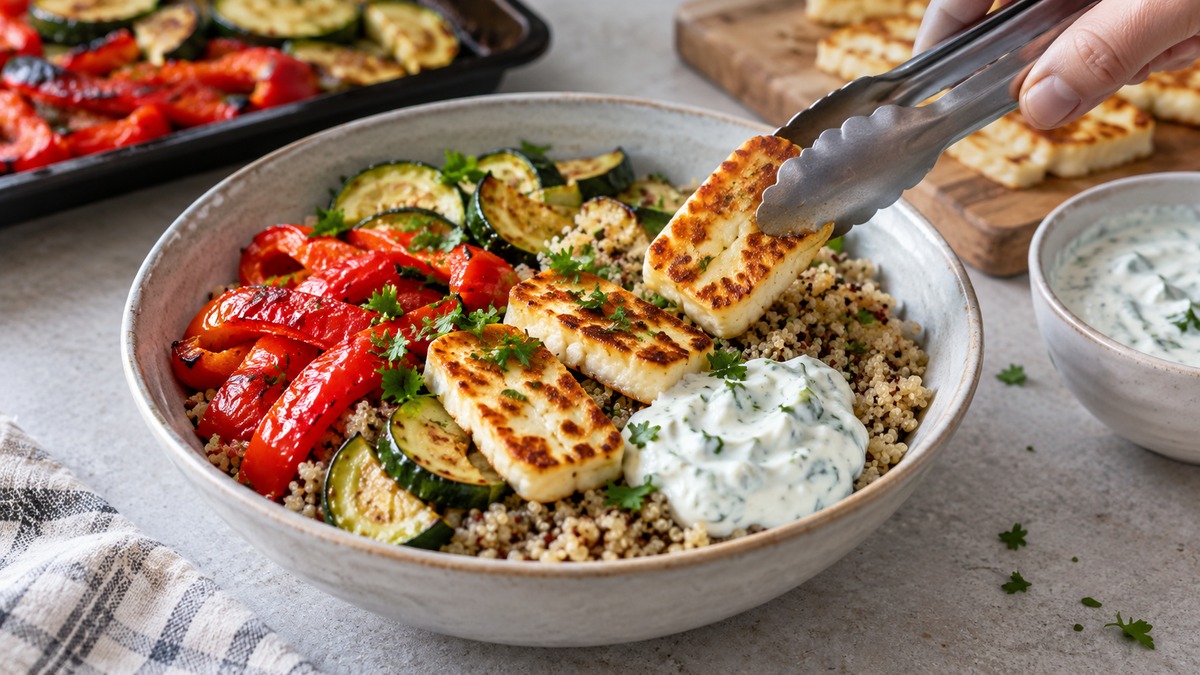 Halloumi-Quinoa-Bowl mit Ofenpaprika und Joghurtdip: Aktive Anrichte- oder Servierszene.
