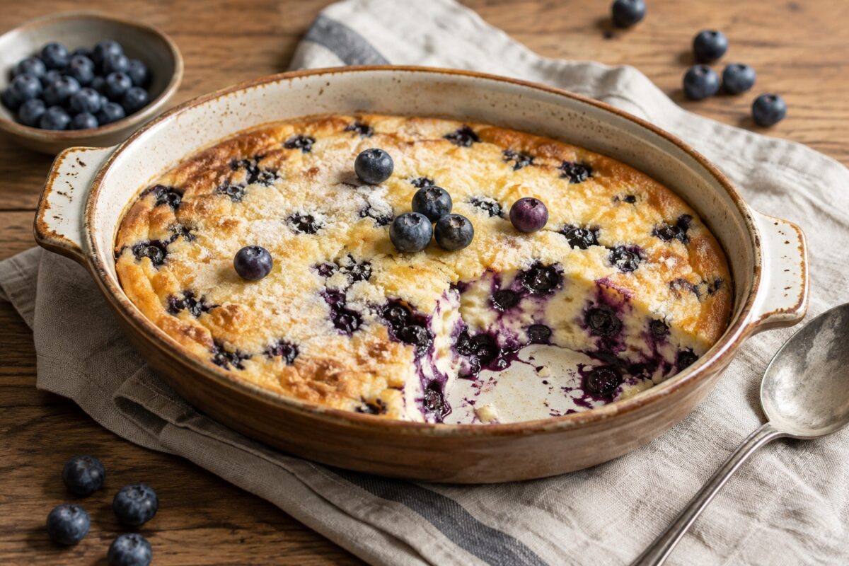 Ovale Keramik-Auflaufform mit goldbraunem Heidelbeer-Grießauflauf, frischen Heidelbeeren obenauf und einer entnommenen Portion, die die cremige violett marmorierte Innenstruktur zeigt.