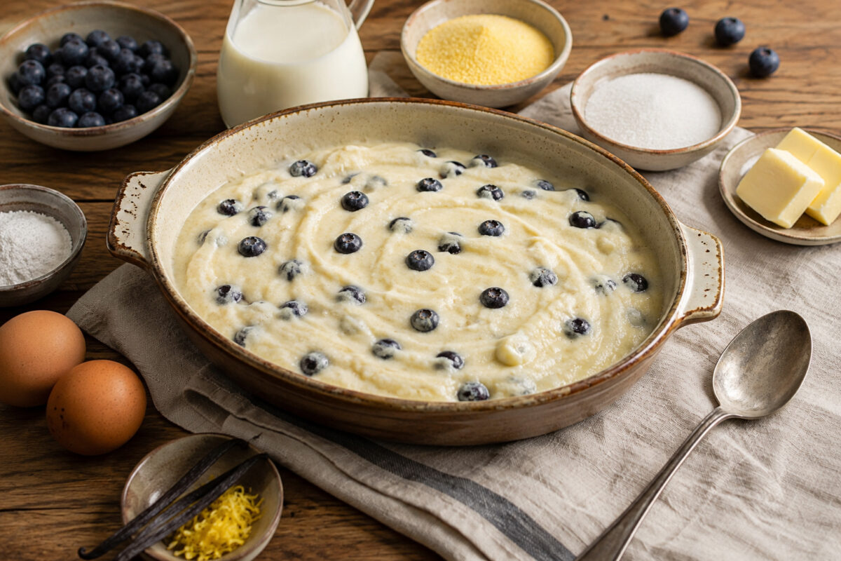 Zutaten- und Vorbereitungsansicht mit derselben ovalen Keramik-Auflaufform, gefüllt mit heller Grießmasse und eingearbeiteten Heidelbeeren; darum herum die wichtigsten Zutaten des Rezepts: Milch, Weichweizengrieß, Zucker, Butter, Eier, Vanille, Zitronena…