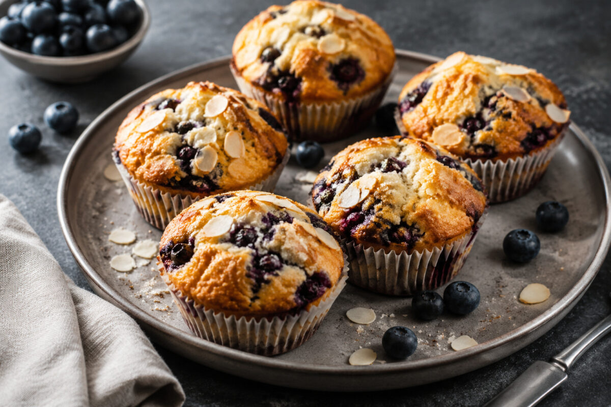 Hauptansicht des fertigen Gerichts. Rezept: Heidelbeer-Mandel-Muffins