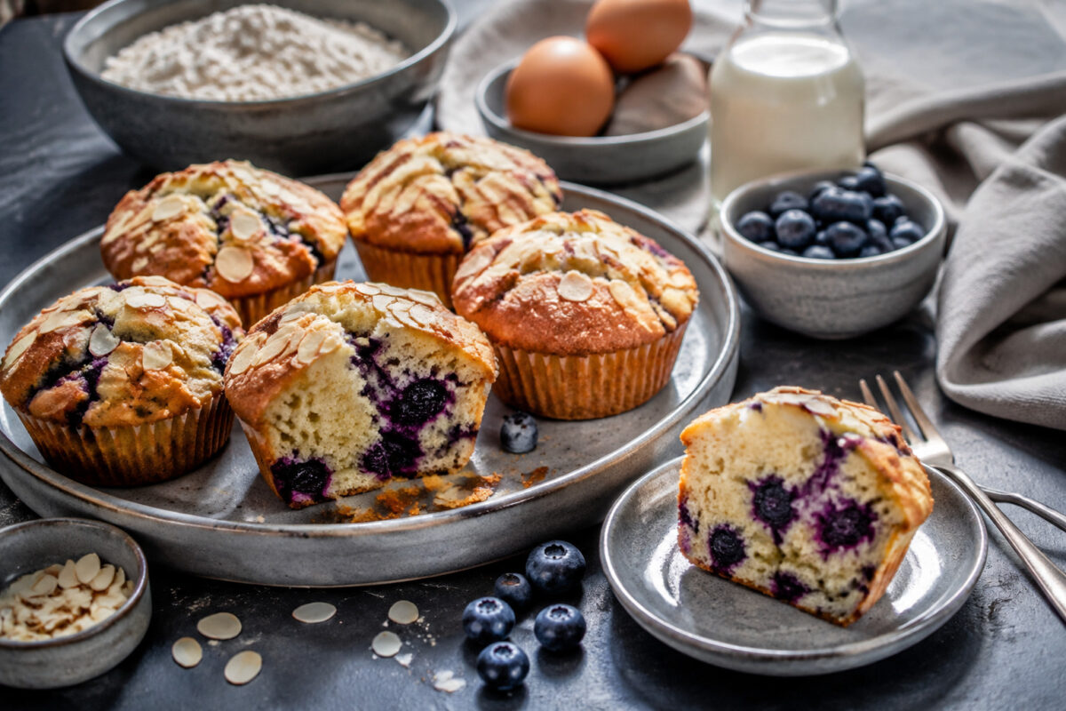 Servierszene mit dem fertigen Gericht. Rezept: Heidelbeer-Mandel-Muffins